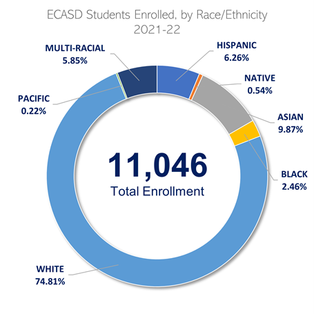 A chart depicting the ECASD student enrollment disaggregated by race and ethnicity during the 2021 to 2022 school year. Asian students 9.87%25. Black students 2.46%25. Hispanic students 6.26%25. Multi-racial students 5.85%25. Native and American Indian students 0.54%25. Pacific Islander and Native Hawaiian students 0.22%25. White students 74.81%25. Total enrollment of 11,046 students.